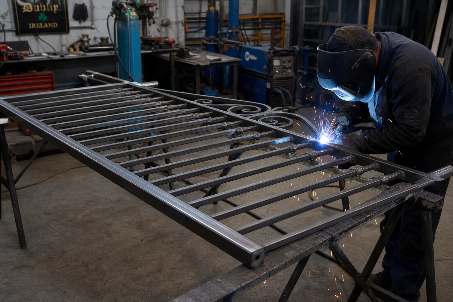 Workshop bay at Dublin Welder — half-finished steel gate frame on horses, MIG torch in the foreground, hot-dipped finished railing leaning on the wall behind
