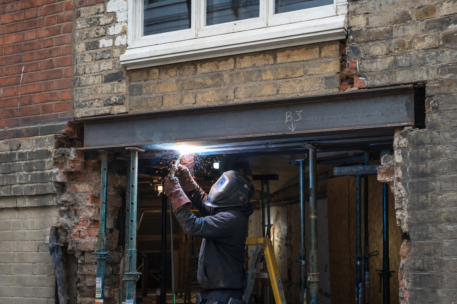 RSJ beam being lifted into a knock-through opening in a Dublin redbrick — Acrow props in shot, fresh weld bead on the splice plate, hard-hatted welder inspecting